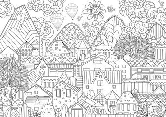 mountain cityscape with hot air balloons in sky for your colorin
