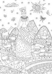 Pretty african girl in mountain landscape for your coloring book