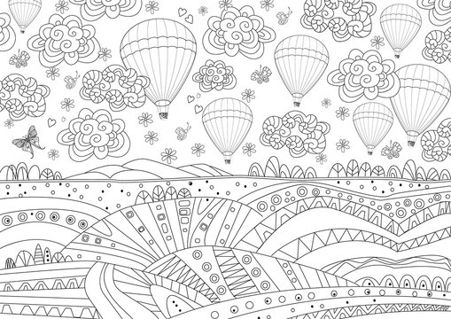 fancy landscape with hot air balloons in the sky for your colori