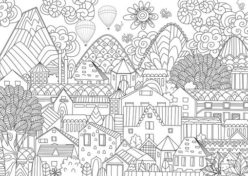 mountain cityscape with hot air balloons in sky for your colorin