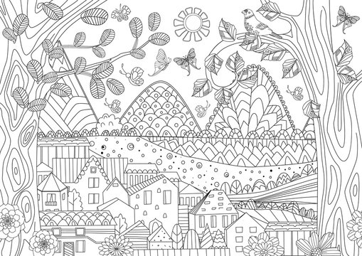 cozy rustic landscape for your coloring book