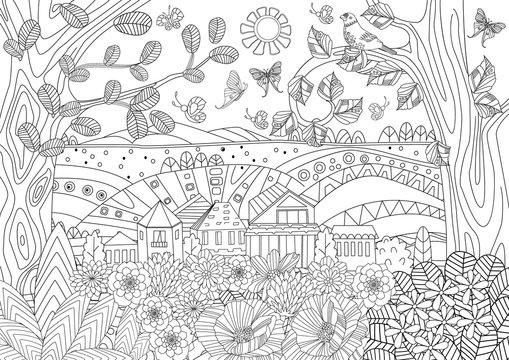 summer rustic landscape for your coloring book
