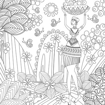 fashion african girl in fantasy landscape for your coloring book