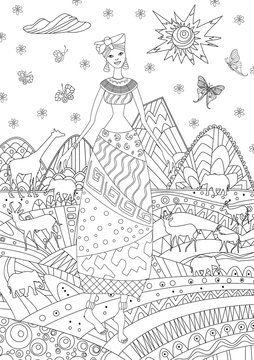 Pretty african girl in mountain landscape for your coloring book