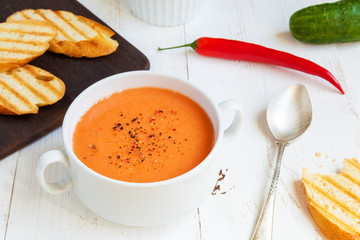 Delicious homemade gazpacho close-up. Traditional Spanish cold soup. Healthy soup of fresh vegetables