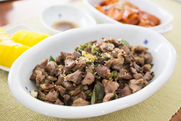 Fried Chicken giblets in Korean style which is called the Dak-ttongjip