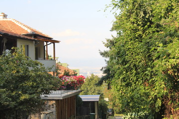 View from the mountain to a narrow green street with small houses