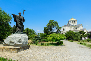 beautiful view on monument to Apostle Andrew and the St. Volodymyr's Cathedral in Chersonese...