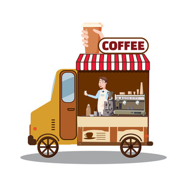 Street food truck, van. Fast food delivery. Coffee van, shop, barista, Cartoon design vector illustration, isolated