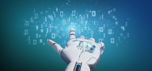 Cyborg hand holding a Data binary cloud 3d rendering