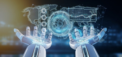 Cyborg hand holding a Technology interface 3d rendering