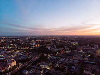 orange clouds with blue sky on sunset. copy space. aerial view