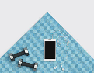 Flat lay of fitness mat, dumbbells and white smartphone