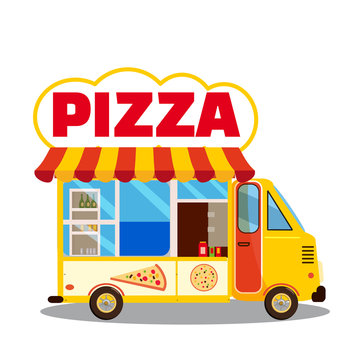 Truck street pizza to customer. Delivering free anf fast, Cartoon design for web, site, advertising, banner, poster, board and print. Isolated, vector illustration
