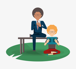 Obraz premium businessman using a cellphone and woman reading a book over white background, colorful design. vector illustration