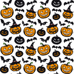 Vector pattern with pumpkins and bats on a white background.
