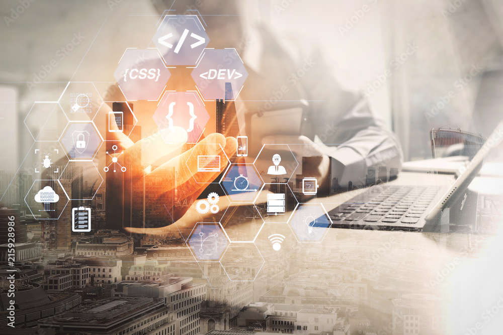 Poster double exposure of success businessman working in office with digital tablet laptop computer with lo
