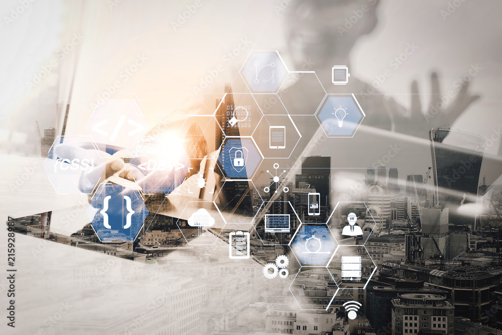 Poster double exposure of success businessman working in office with digital tablet laptop computer with lo
