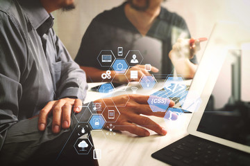 Business team meeting. Photo professional investor working new start up project. Finance task.Digital tablet docking keyboard laptop computer smart phone using, filter film effect © everythingpossible