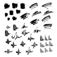 Vector illustration of brush strokes, grunge style. Set of hand drawn design elements. Vector collection of black ink, marker, pen abstract textures. Black ink random hand drawn scribbles set isolated