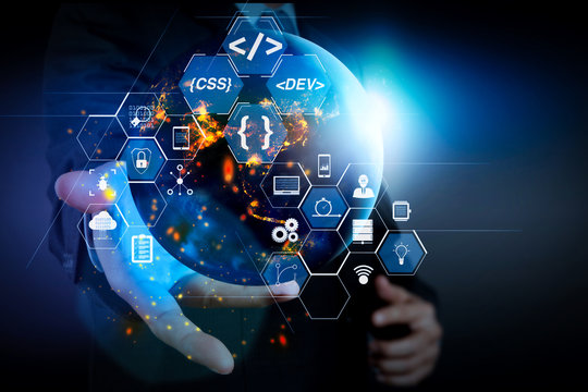 Coding software developer work with augmented reality dashboard computer icons of scrum agile development and code fork and versioning with responsive Elements of this image furnished by NASA