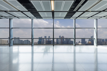 Panoramic skyline and buildings from glass window