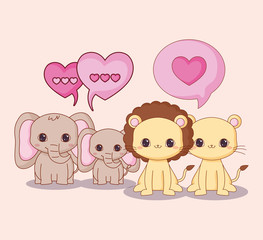kawaii couples of elephants and lions with speech bubbles with hearts over pink background, colorful design. vector illustration