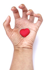 Heart in hand. Big red heart in woman´s open palm isolated on white background. Clenched fingers. Symbol of unhealthy love. 
