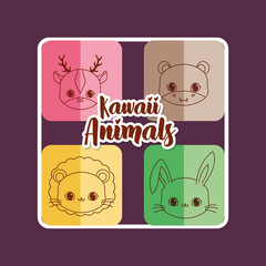 Kawaii animals over colorful squares and purple background, vector illustration