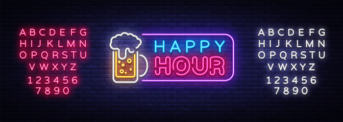 Happy Hour neon banner vector design template. Happy Hour neon text, light banner design element colorful modern design trend, night bright advertising, bright sign. Vector. Editing text neon sign