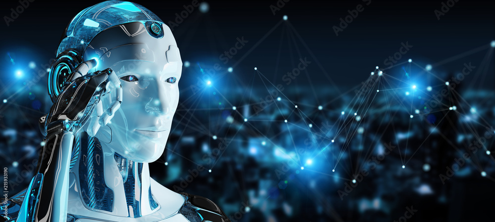 Poster white man robot using digital network connection 3d rendering