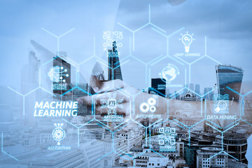 Double exposure of success businessman using digital tablet with london building and social media diagram