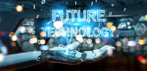White robot hand using future technology text hologram 3D rendering
