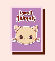 kawaii cat icon over colorful squares and pink background. vector illustration