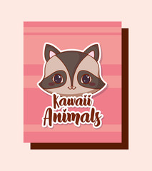 kawaii raccoon over pink colorful squares and background. vector illustration