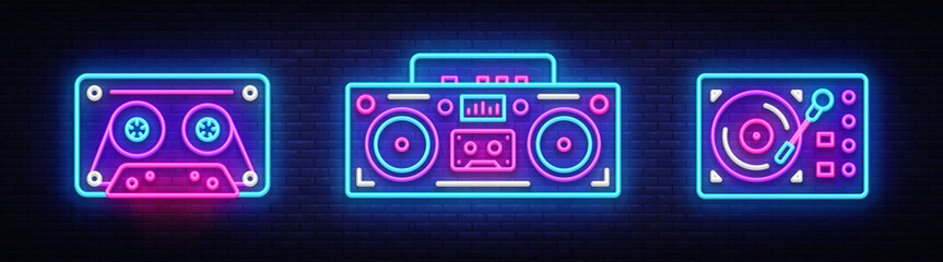 Big collection neon sing. Retro Music neon symbols design elements. Back to 80-90s light banner, modern trend design style. Bright signboard, night advertising. Vector illustration - obrazy, fototapety, plakaty