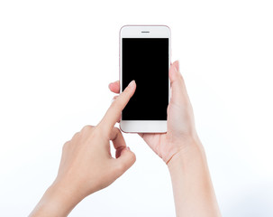 Concept of woman's hand holding a smartphone and pointing with figer isolated on white background, clipping path, blank for webpage or message.