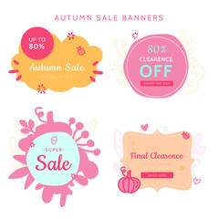 Obraz na płótnie Canvas Autumn sale vector badges, label. Gentle design for beauty, fashion industry. Season clearence discount stamp set with line art leaves, pumpkin, bugs.