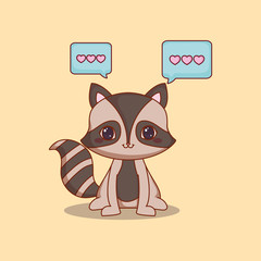 kawaii raccoon and speech bubbles with hearts over yellow background, colorful design. vector illustration