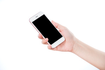 Concept of woman's hand holding a smartphone isolated on white background, clipping path, blank for webpage or message.