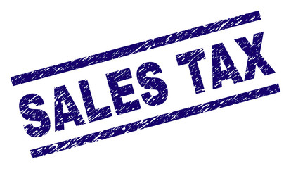 SALES TAX seal print with distress style. Blue vector rubber print of SALES TAX caption with corroded texture. Text caption is placed between parallel lines.