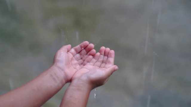 Children putting hands to the rain  catching rain