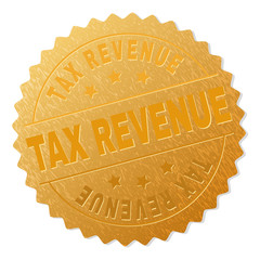 TAX REVENUE gold stamp seal. Vector golden medal with TAX REVENUE text. Text labels are placed between parallel lines and on circle. Golden area has metallic texture.