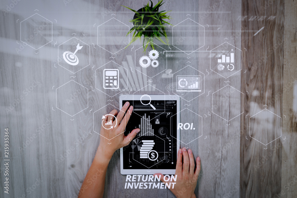 Poster businessman hand working with digital tablet computer. Digital business strategy layer effect. On wood desk with plant. View from top. Double exposure effects, Minimalism
