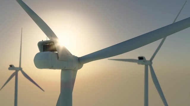Wind turbine renewable energy offshore park during sunrise camera closing in 4K 3d illustration