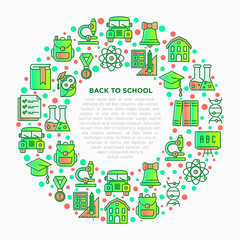 Back to school concept in circle with thin line icons: backpack, bell, book, microscope, knowledge, owl, biology, blackboard, physics, exam. Modern vector illustration, print media template.