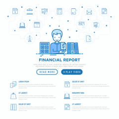Financial report concept: accountant with calculator and financial documents in folders. Modern vector illustration, web page template.