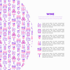 Wine concept with thin line icons: corkscrew, wine glass, cork, grapes, barrel, list, decanter, cheese, vineyard, bucket, shop, delivery. Modern vector illustration, web page template.
