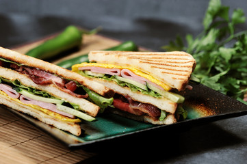 triangular shaped sandwiches with ham and omelet on a plate
