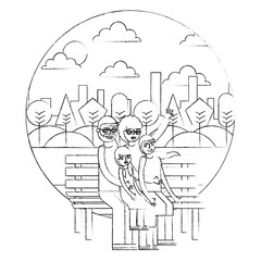 grandparents with grandkids sitting on park bench